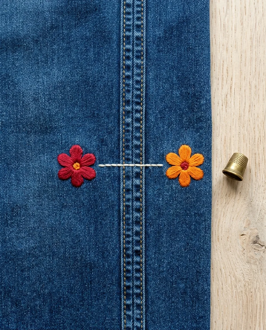 One backstitch line crosses the thick jeans seam, and the filled flowers sit on flat denim either side.