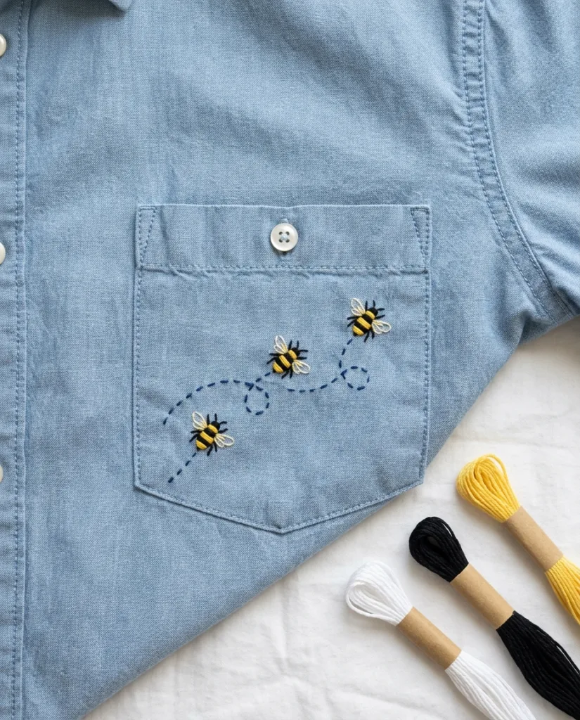 Three tiny embroidered bees flying across the pocket of a chambray shirt