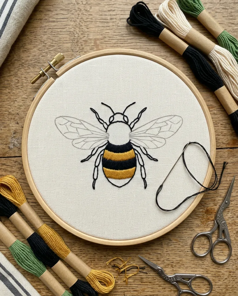 A bee body half stitched with mustard and black satin stitch stripes