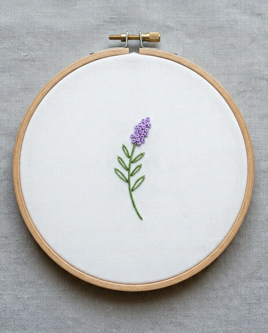 A first project sprig with a stem stitch stem, backstitch leaves and French knot buds