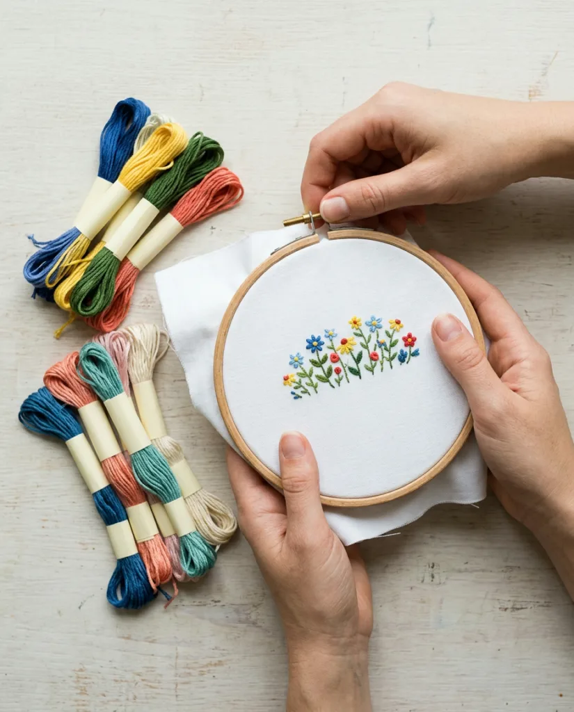 Hands tightening the brass screw of a wooden embroidery hoop with fabric stretched tight