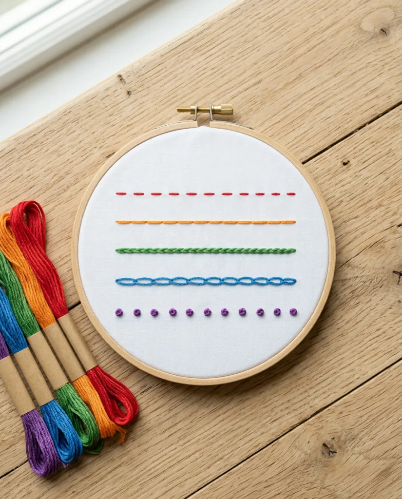 A beginner sampler hoop with five rows of running stitch, backstitch, stem stitch, chain stitch and French knots