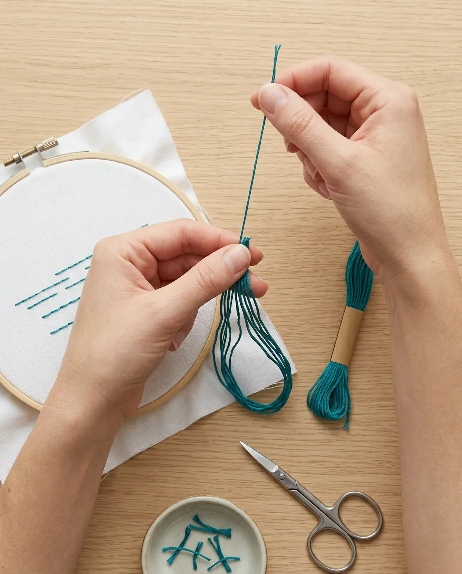 Pulling one strand at a time out of a length of six-strand floss