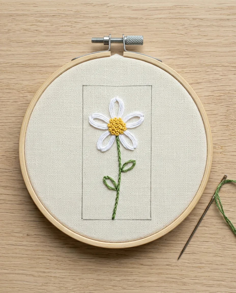 A small daisy in lazy daisy petals and French knots, stitched on linen in a 4 inch hoop