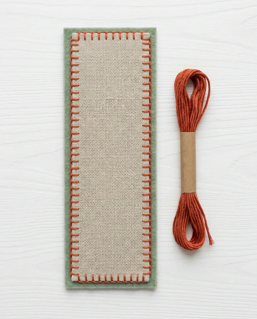 A linen bookmark edge finished with even terracotta blanket stitch
