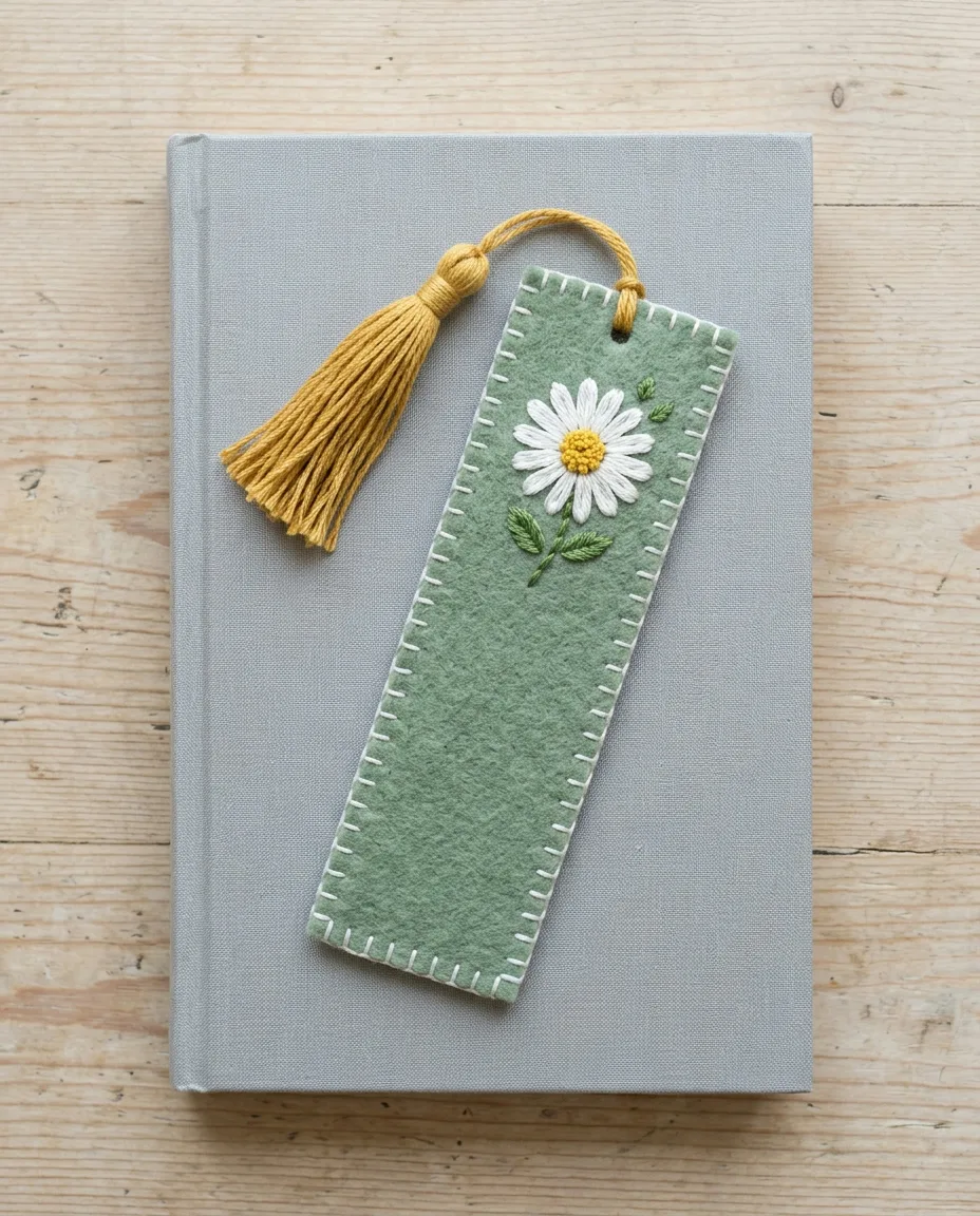 A finished felt bookmark with a blanket stitch edge and a yellow floss tassel