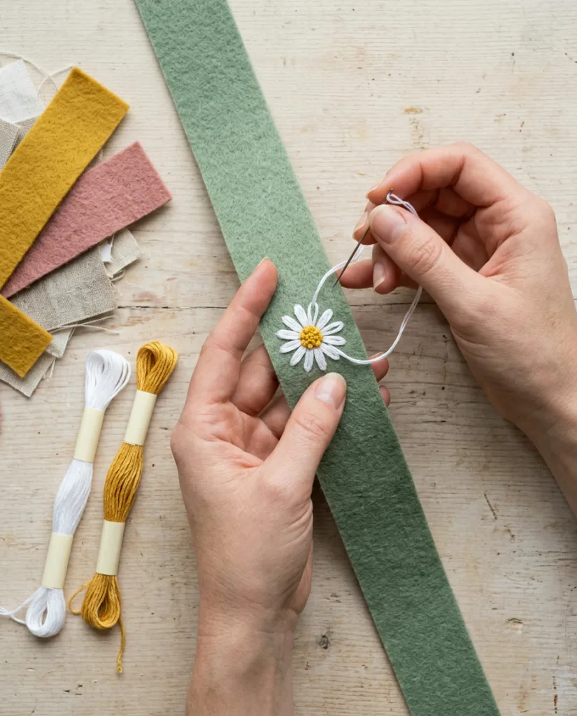 Hands stitching a white daisy onto a strip of sage green felt