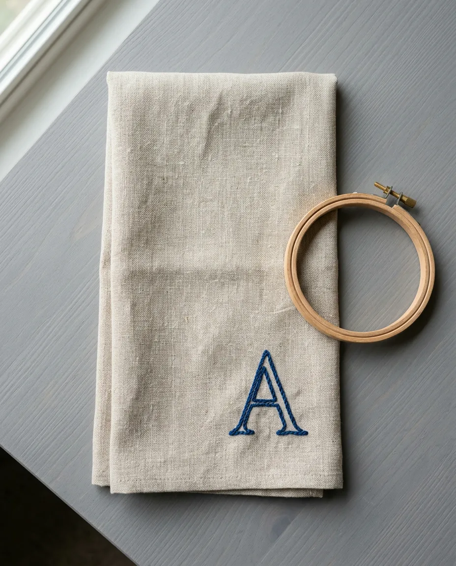 A single chain stitch initial in the corner of a linen tea towel