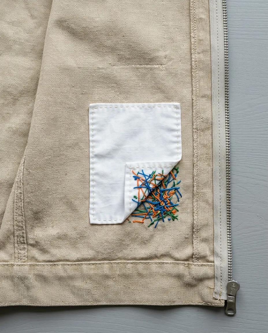 A cotton backing patch, one corner turned back, covers the thread ends inside the jacket.
