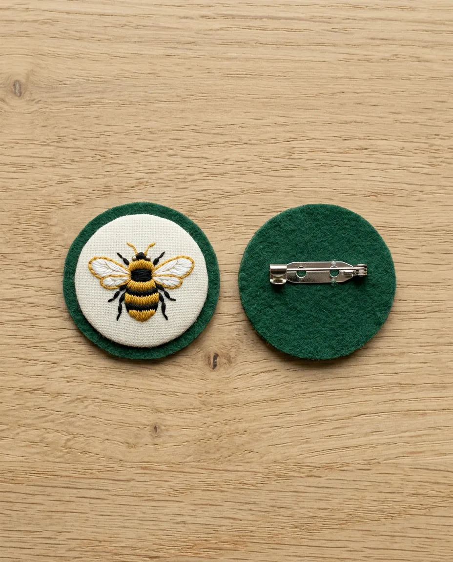 A tiny embroidered bee brooch backed with felt, with the pin shown on a second one