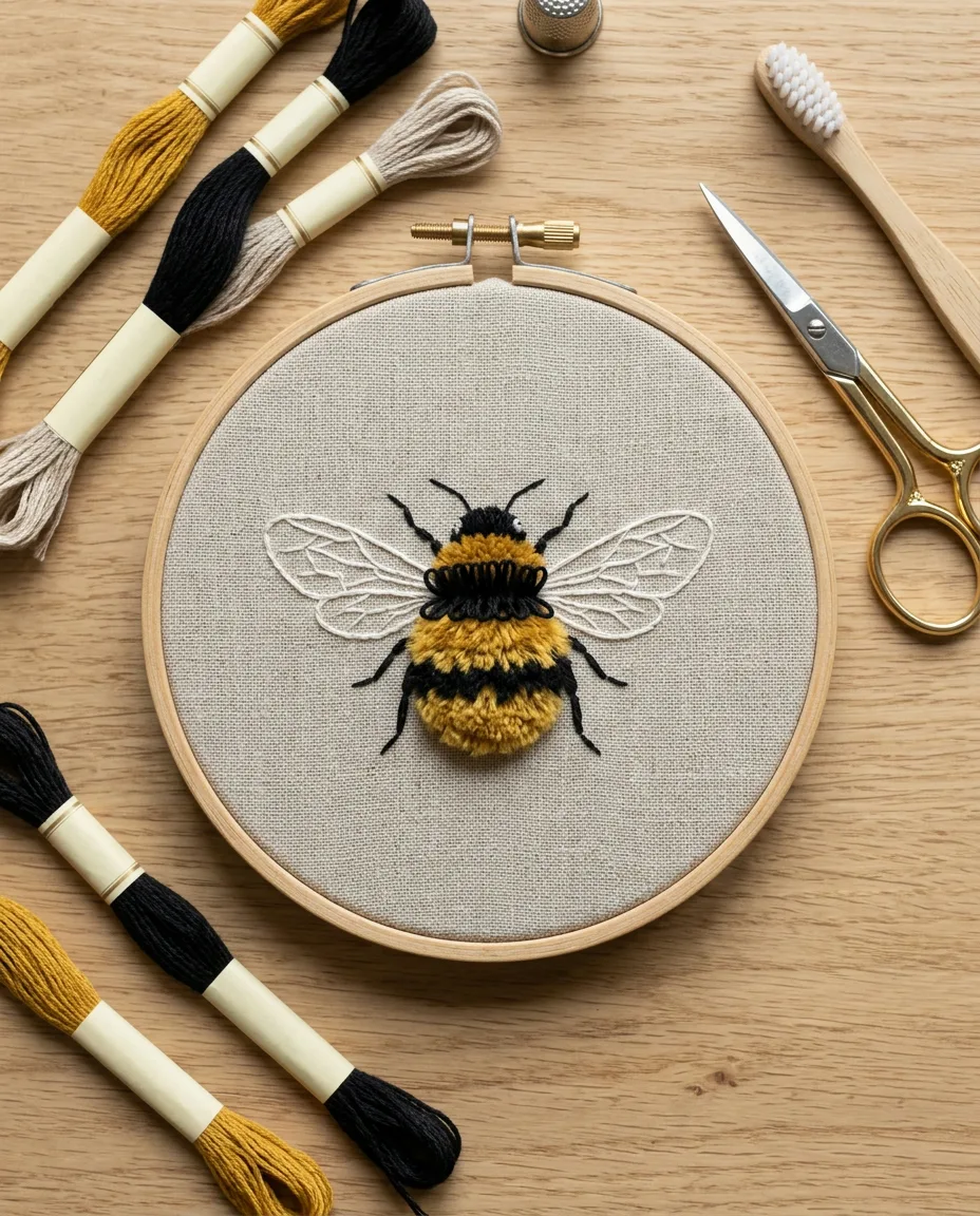 A turkey work bee body cut and brushed into a soft pile, with scissors and a toothbrush beside the hoop