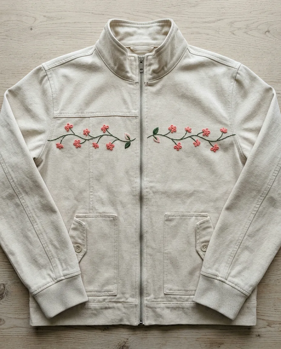 A flower vine stitched across a zip jacket stops short of the zipper and crosses a side seam unbroken.