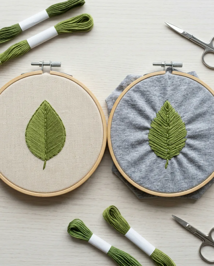 Two hoops compared: flat stitching on linen and puckered stitching on stretchy knit