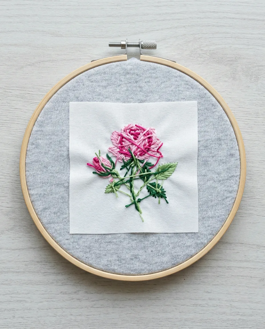 A square of white stabilizer backing a small rose stitched on gray knit fabric