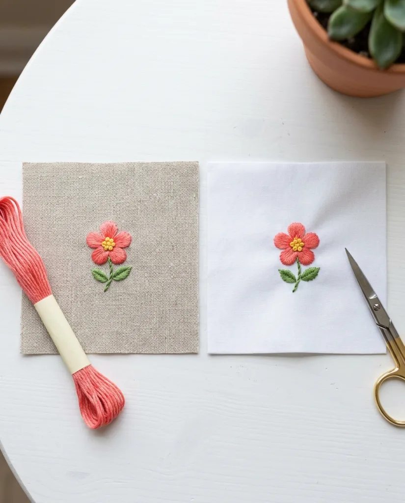 Open-weave linen and tight-weave cotton side by side, each with the same stitched flower