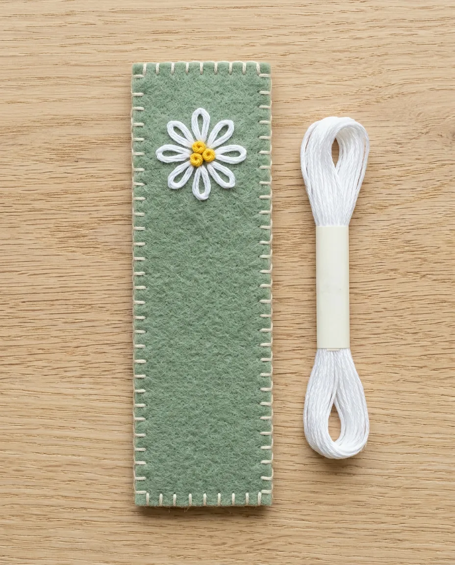 A two-layer felt bookmark with a lazy daisy flower and blanket stitch edges