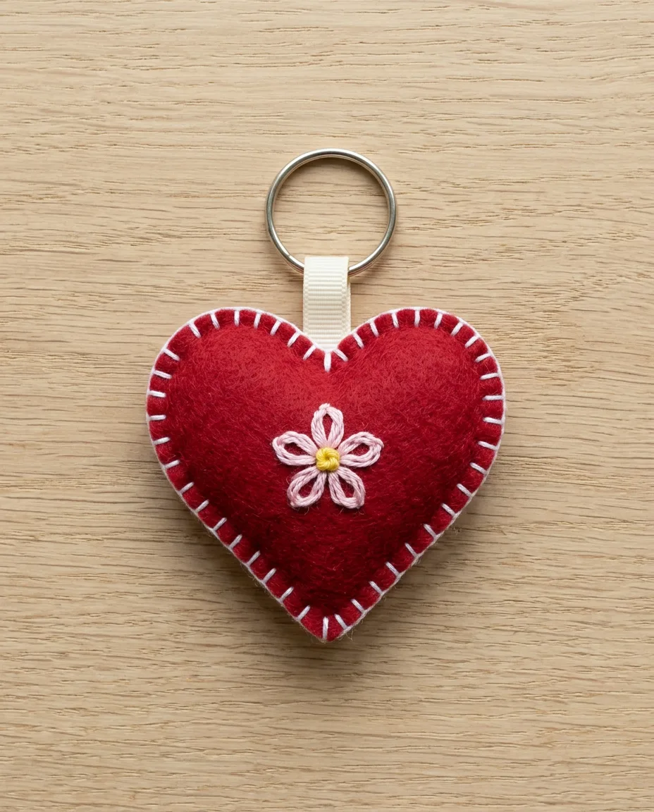 A stuffed felt heart keychain joined with blanket stitch, a tiny flower on the front