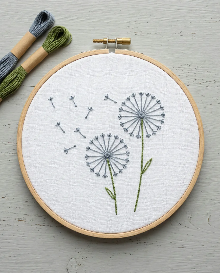 Dandelion seed heads made of straight-stitch spokes tipped with tiny French knots