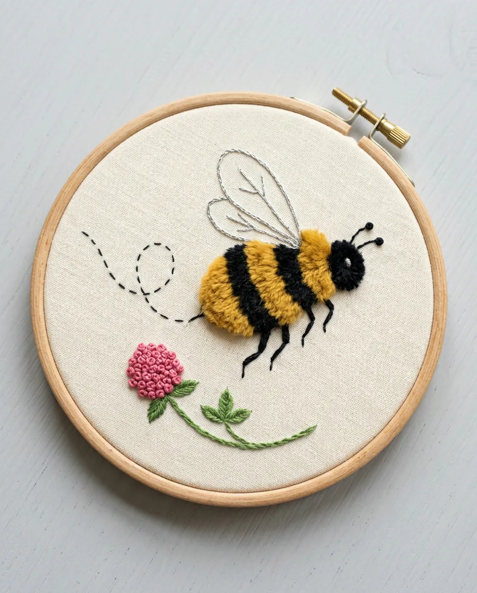A finished fuzzy bee flying toward a pink French knot clover, with a dashed flight path behind it
