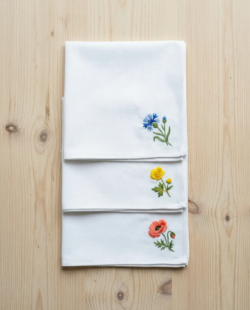 Three white handkerchiefs with small embroidered flowers in the corners