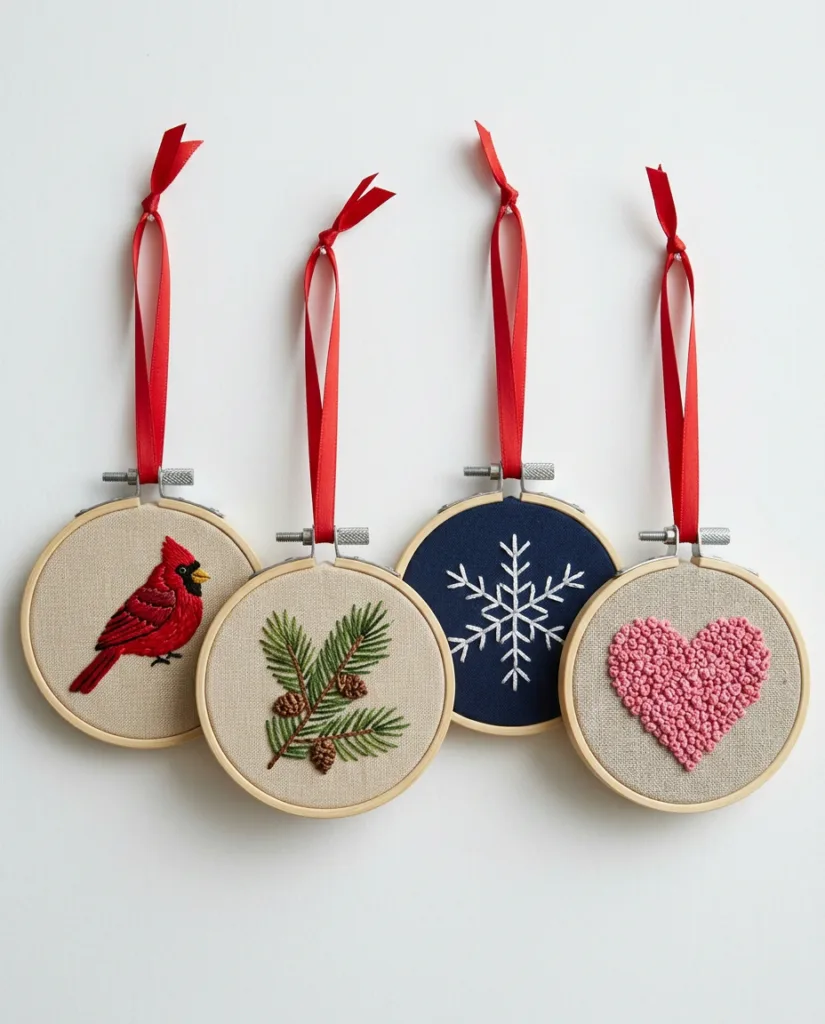 Four mini embroidery hoop ornaments hanging from red ribbons