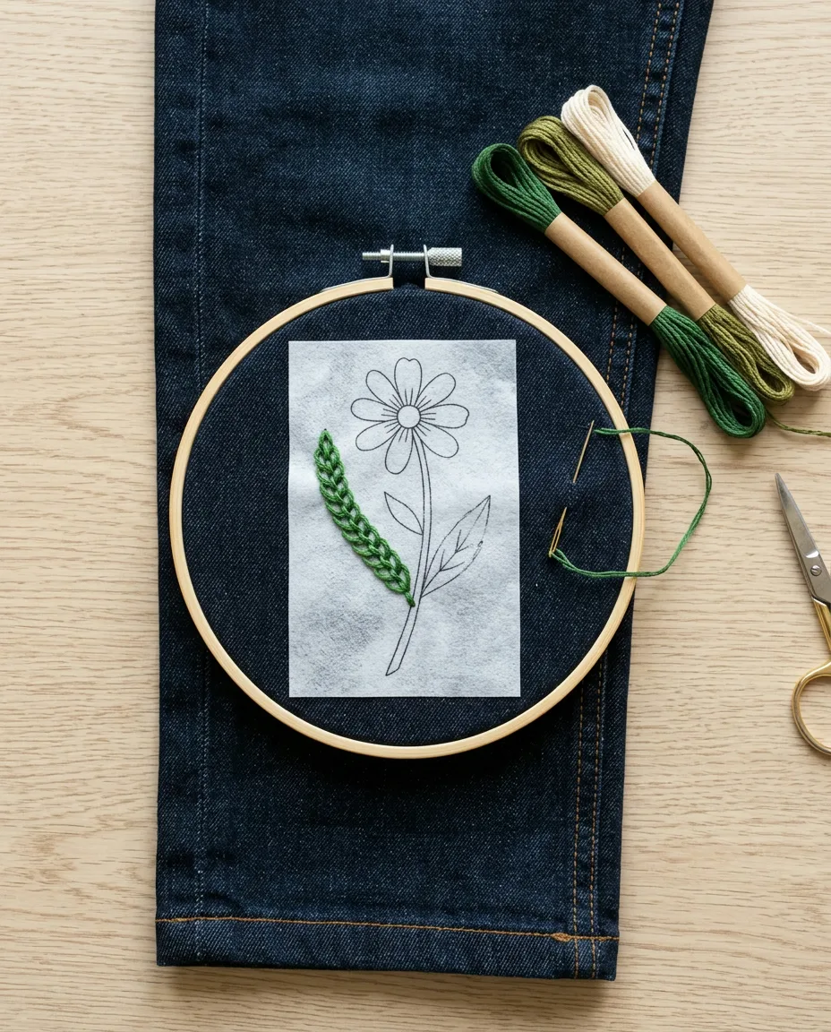 A stick-and-stitch transfer on dark denim, with one leaf already worked in chain stitch