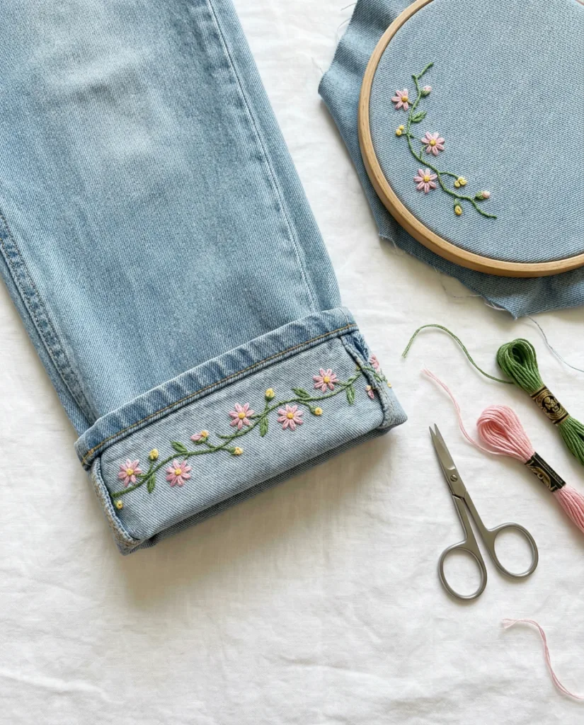 Stem stitch vines and tiny pink flowers circling the hem of light-wash jeans