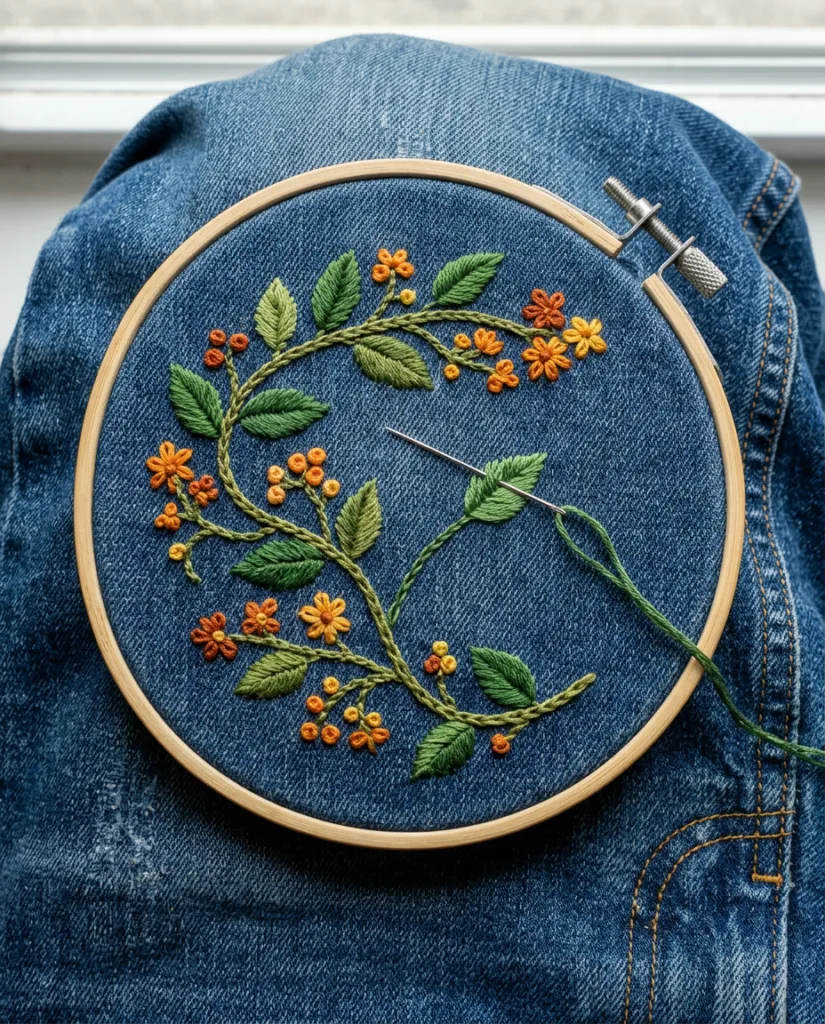 A hoop clamped around the knee of blue jeans with a half-stitched chain stitch vine