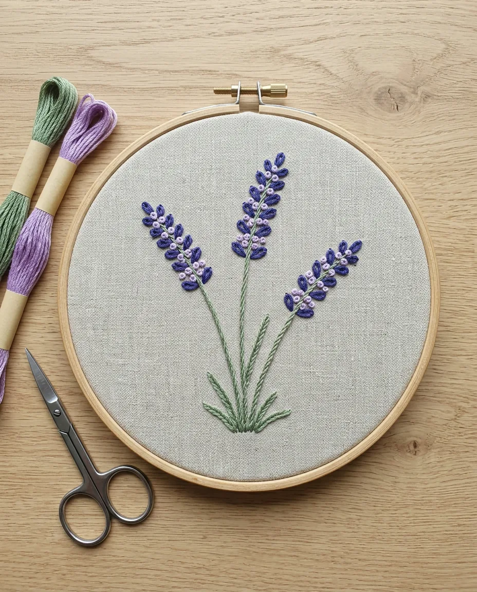Three lavender sprigs at different heights, fanned out from one point in a 5 inch hoop