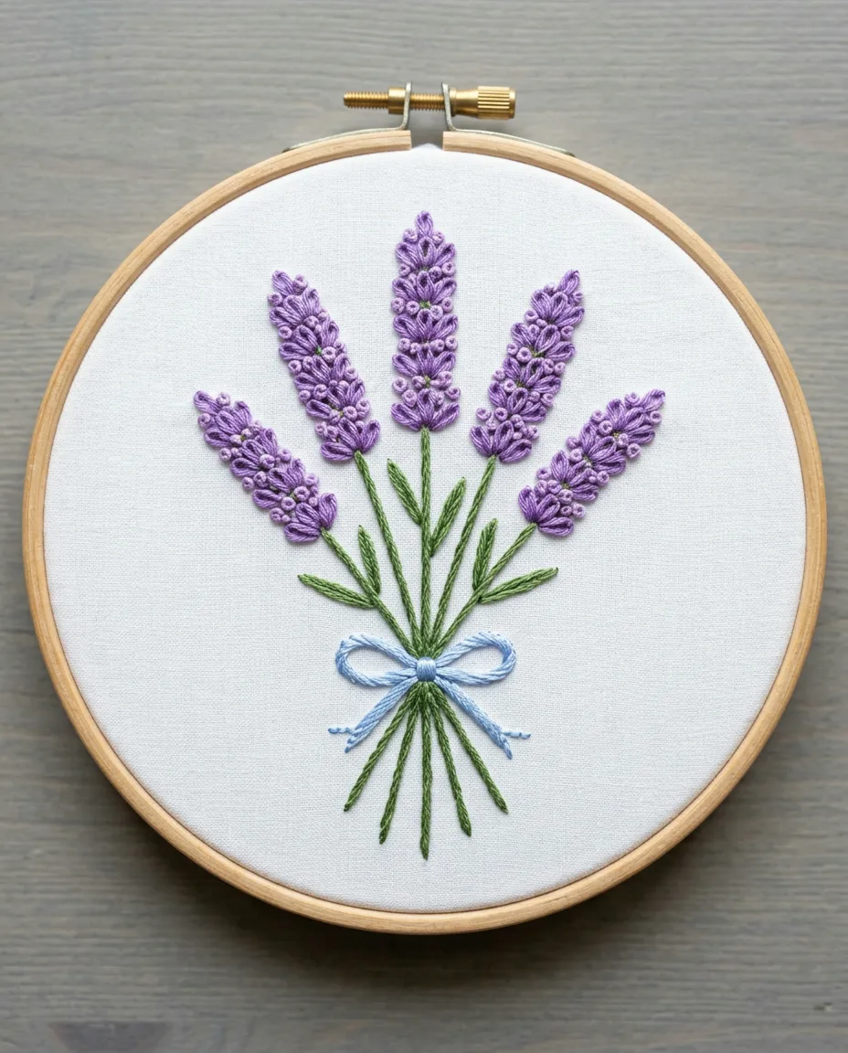 A bundle of lavender stems tied with a small pale blue stem stitch bow