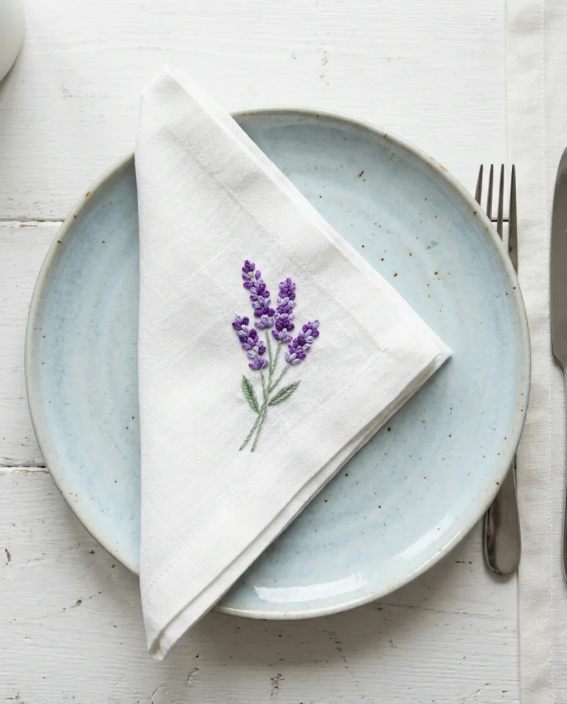 The corner of a white linen napkin with a small embroidered lavender sprig