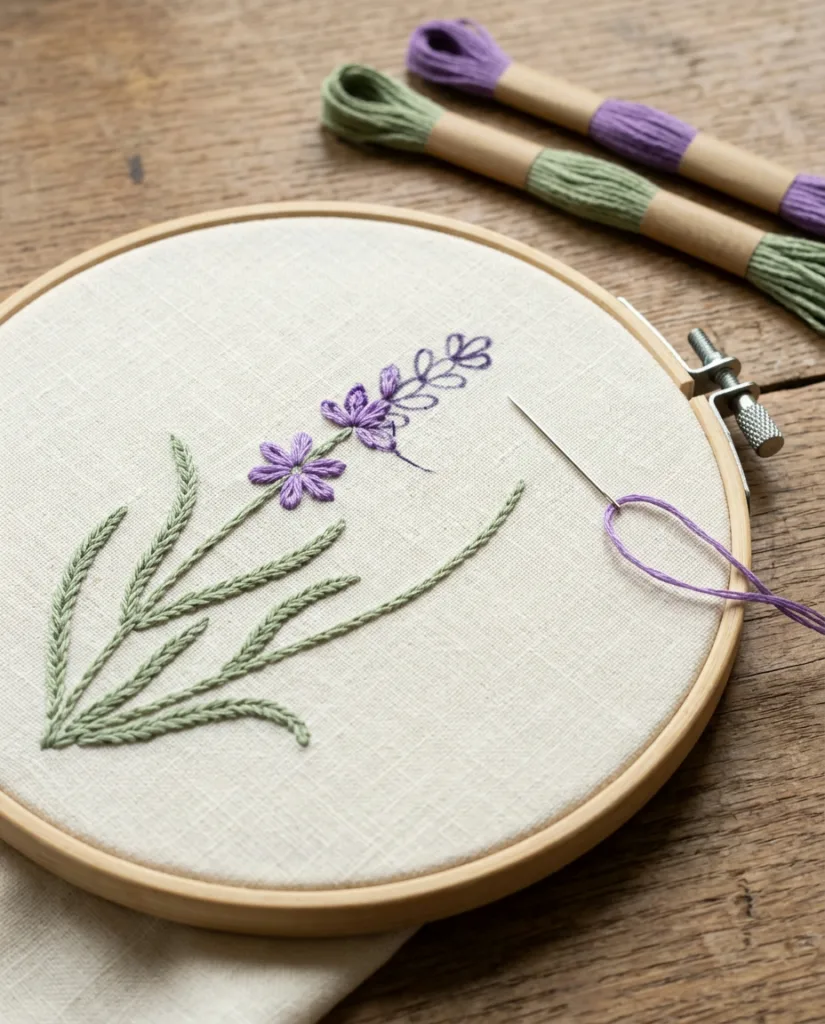 Stem stitch lavender stalks with one violet flower head half finished