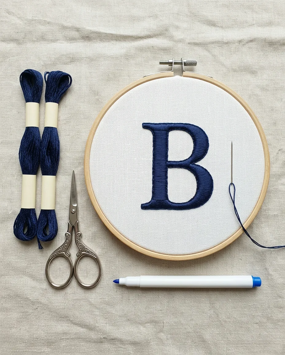 Navy floss and a fine needle laid out beside the finished letter in its hoop.