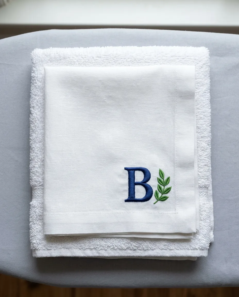 A monogrammed napkin on the folded towel it was pressed on, letter still raised.