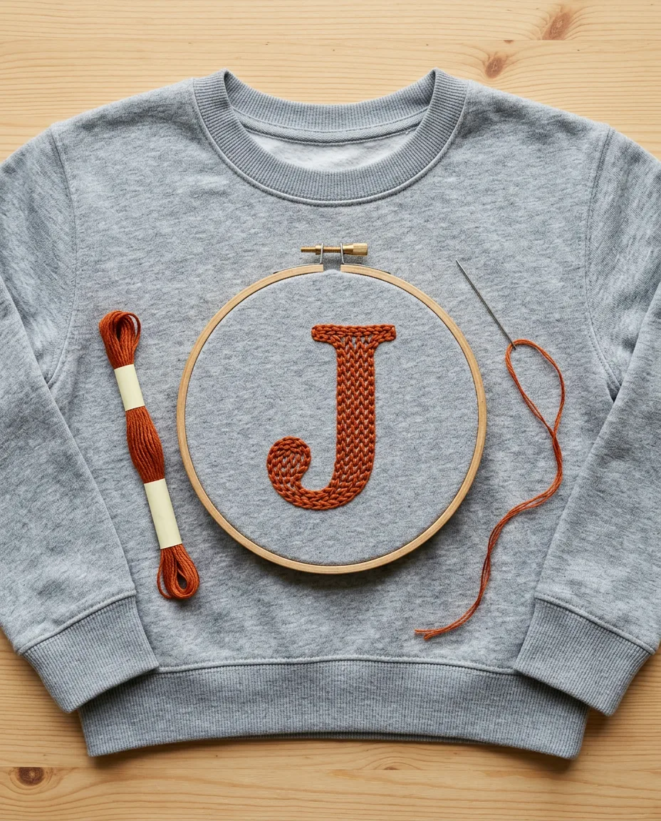 A chain stitch initial J on a sweatshirt, hooped through the sweatshirt fabric itself
