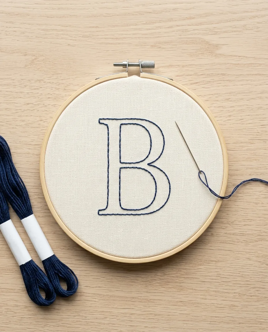A capital B outlined in navy split stitch, with shorter stitches around the curves