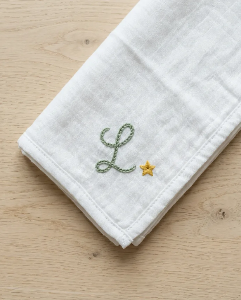 A white muslin swaddle blanket corner with a sage green chain stitch initial L