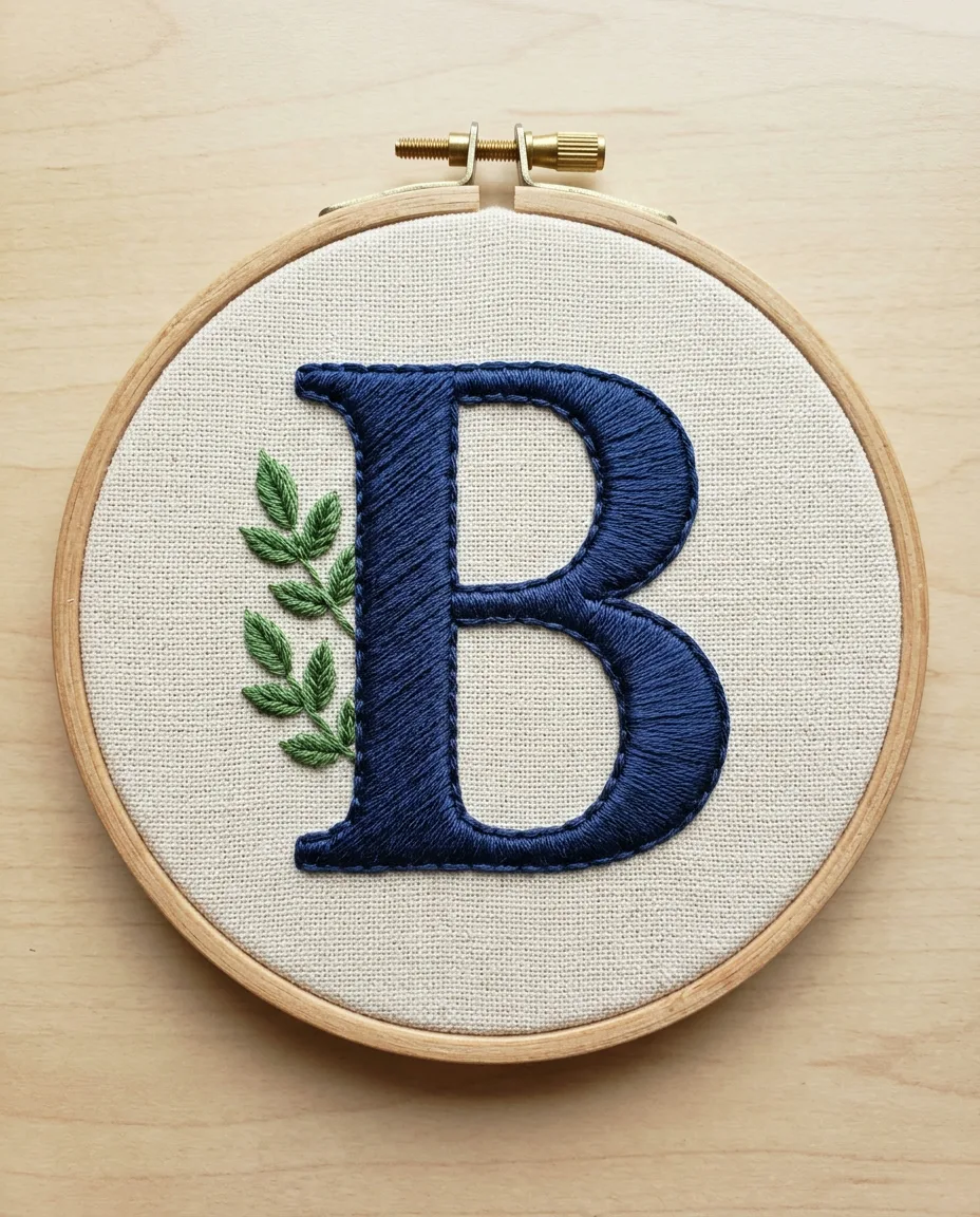 A navy serif B in padded satin stitch, raised well above the oatmeal linen.