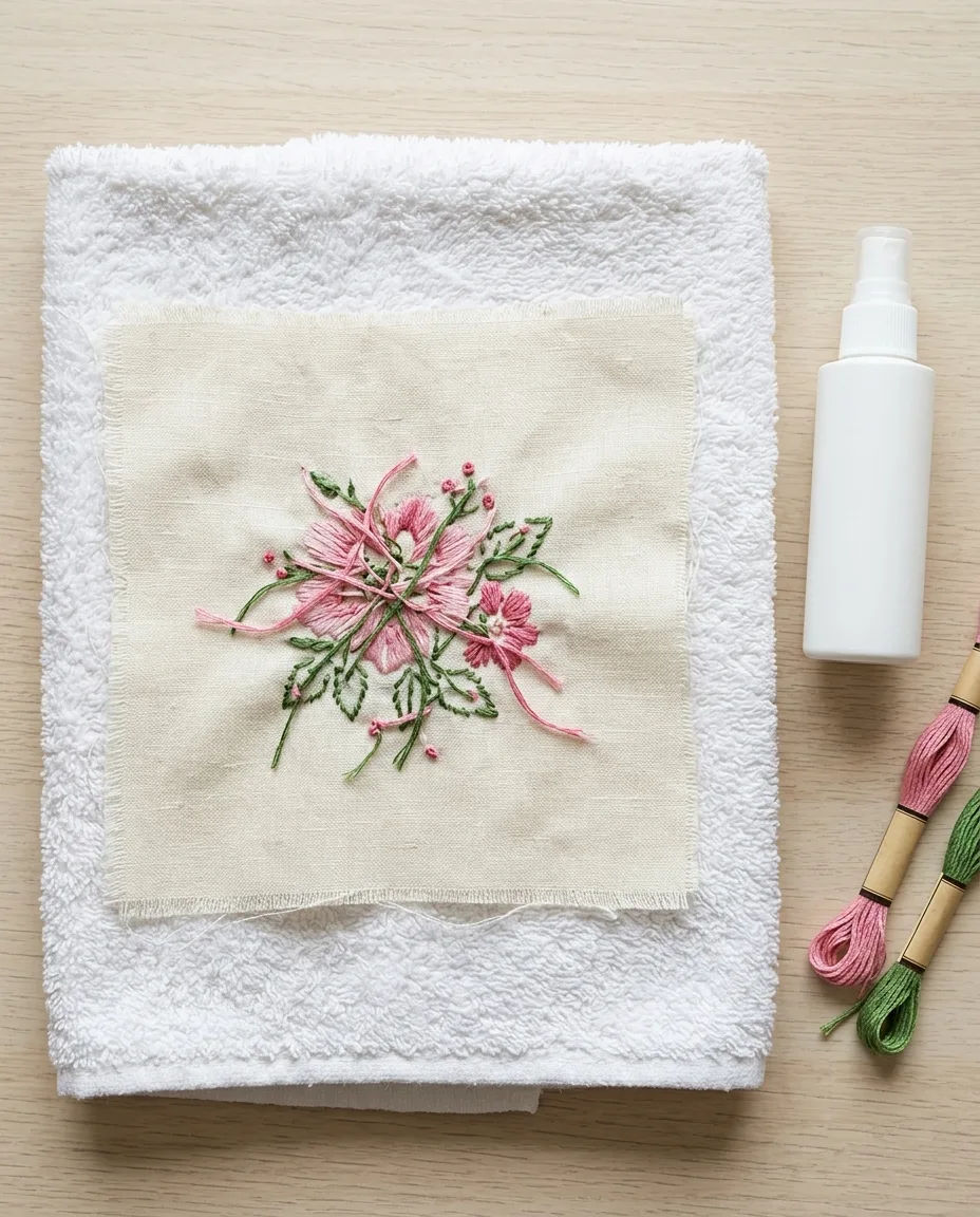 Finished embroidery face down on a folded towel, ready to press from the back