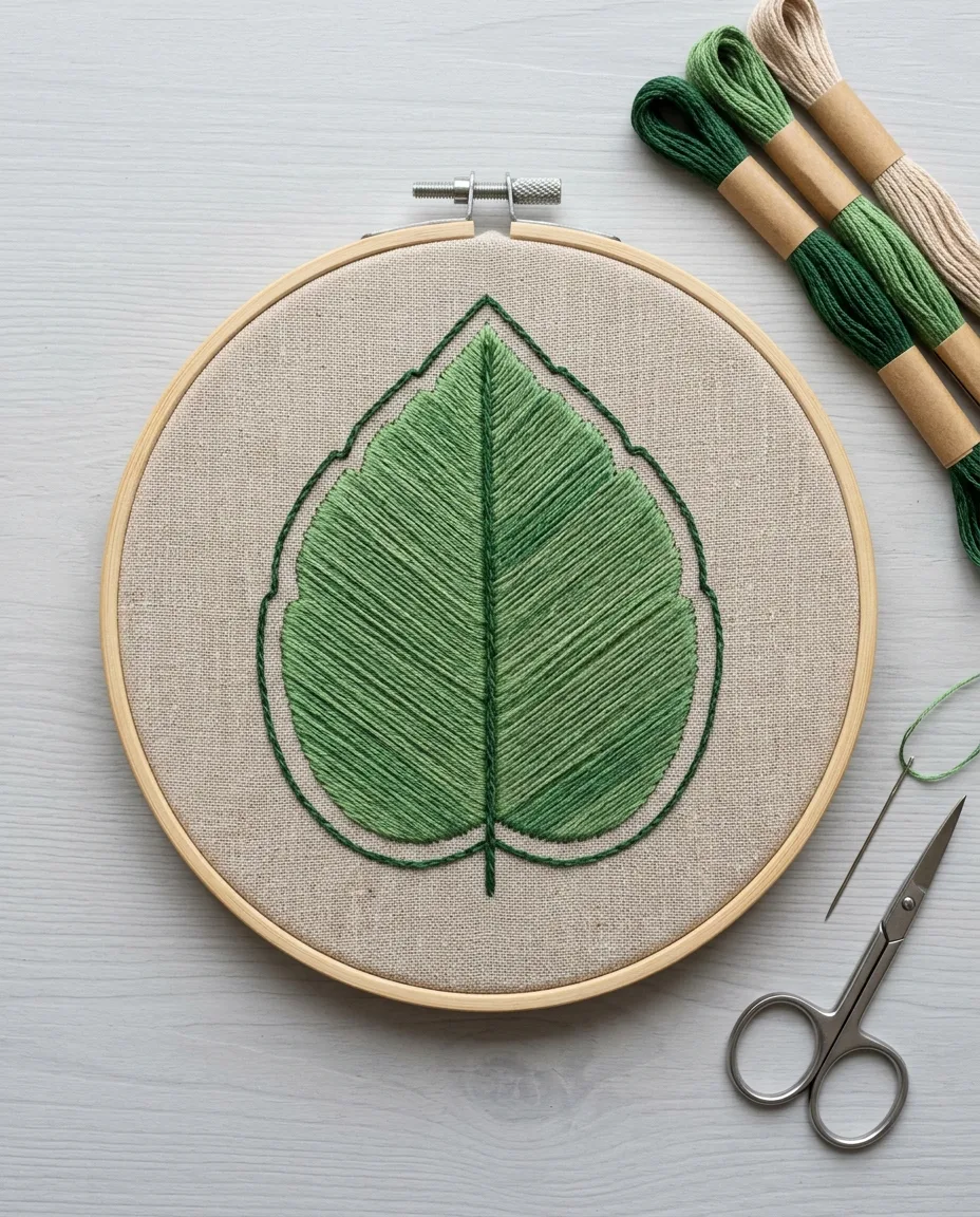A large leaf split into two satin stitch halves, with a split stitch outline