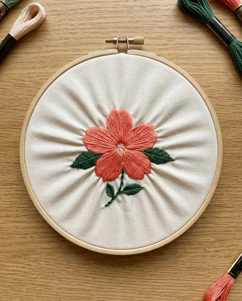 Satin stitches pulled too tight gather the fabric into small pleats around the flower