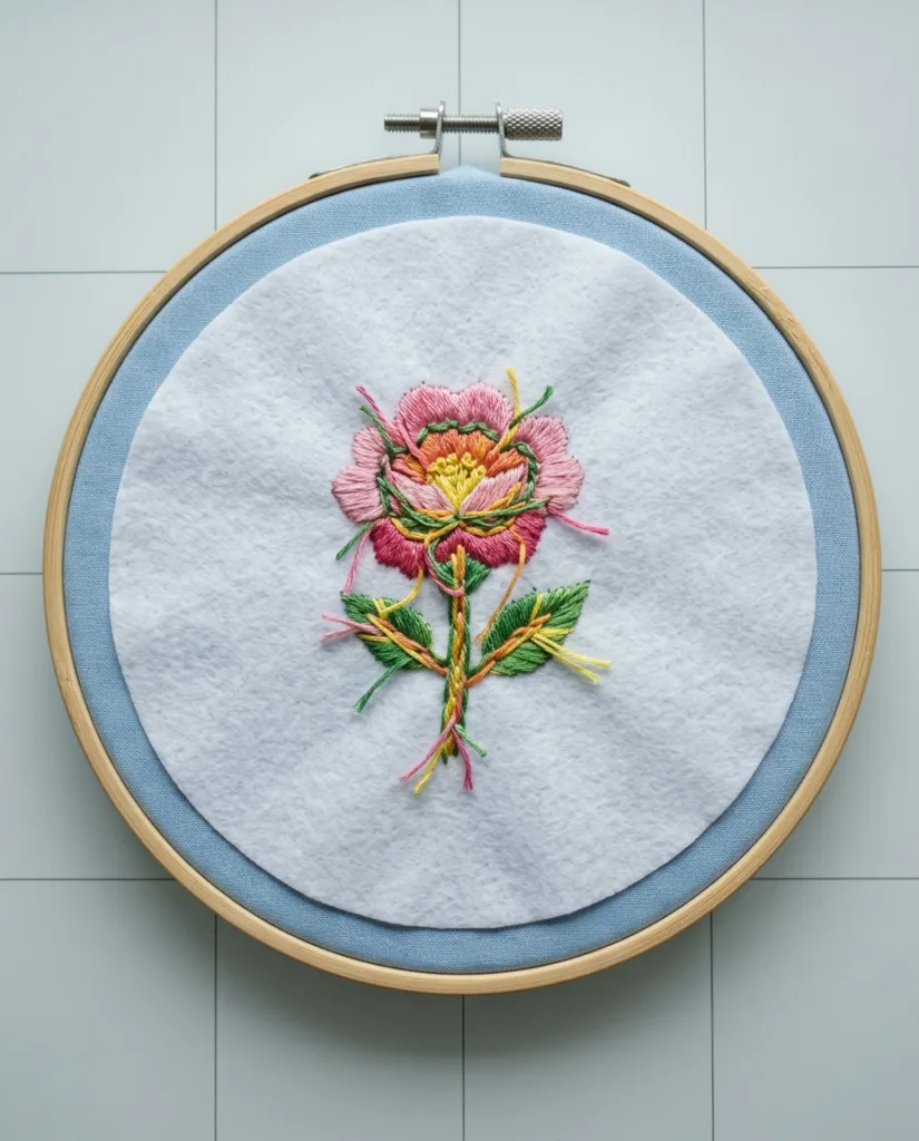 White iron-on stabilizer fused to the back of blue fabric behind a stitched flower