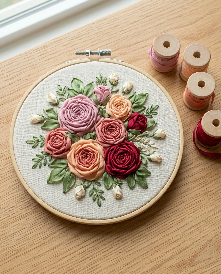 Ribbon Embroidery Roses That Look Freshly Bloomed on Any Fabric