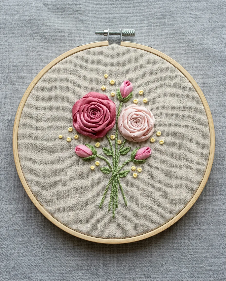 Two ribbon roses with small buds, stem stitch stems and ribbon knots filling the gaps