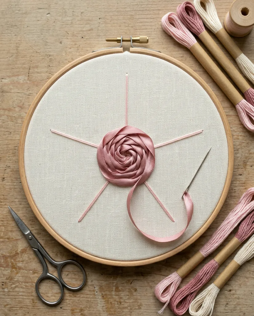 Pink ribbon woven halfway around five floss spokes for a spider web rose