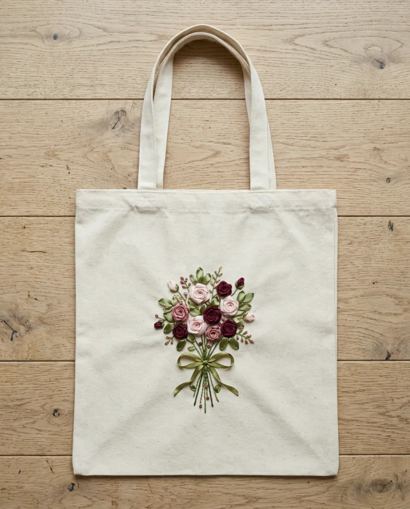 A canvas tote bag with a small bouquet of silk ribbon roses