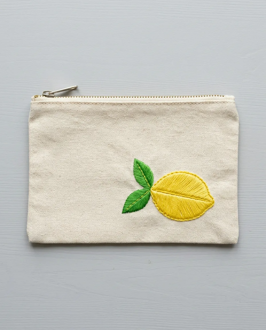 A satin stitch lemon with two leaves on the front of a canvas zip pouch