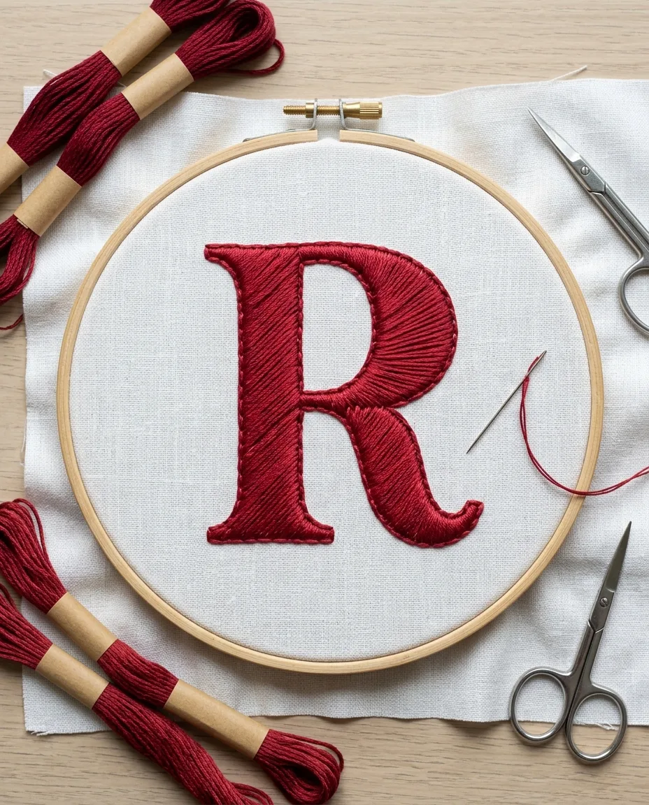 Every satin stitch in this red R runs at one diagonal, so the letter shines evenly.