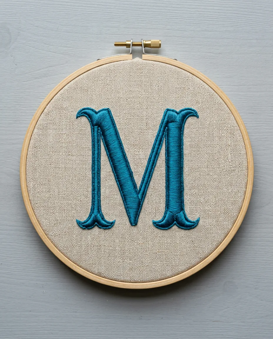 A teal serif M with plump main strokes and thin hairlines between them.