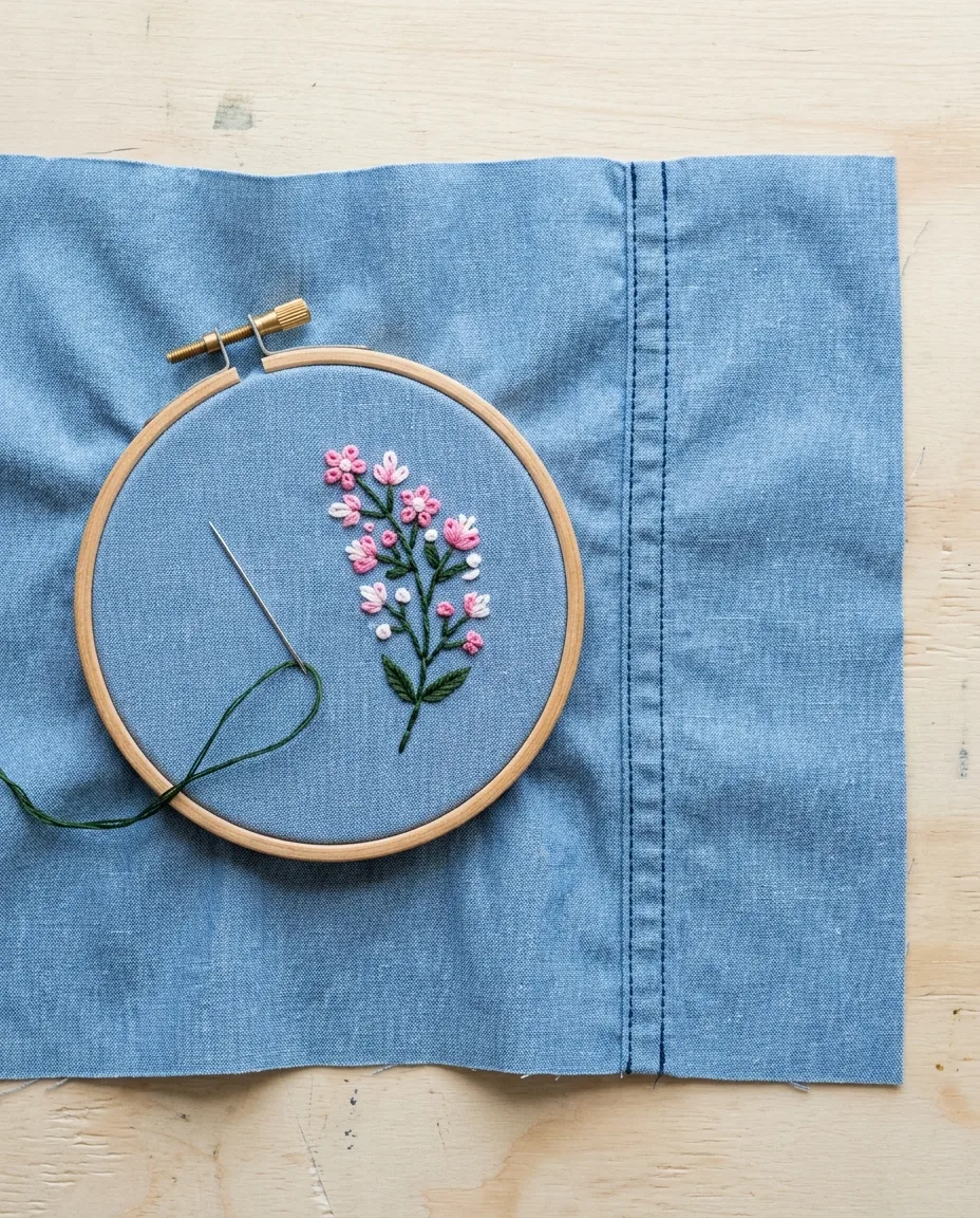 A 4 inch hoop holds the flat fabric beside the seam, with the seam left outside the ring.